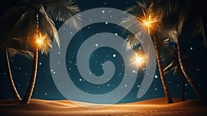 Vintage style artwork of fantasy tropical beach with starlit night sky and full moon