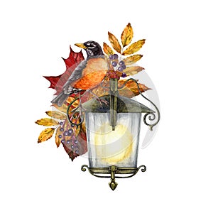 Vintage style autumn decoration with bird and lantern. Watercolor illustration. Hand drawn cozy vintage style fall