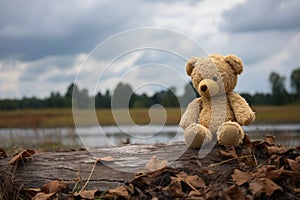 Vintage style bear doll, evoking loneliness in a dark, somber tone