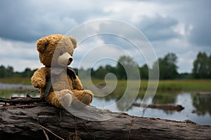 Vintage style bear doll, evoking loneliness in a dark, somber tone