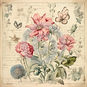 Vintage style botanical floral framed background with antique typographical texture