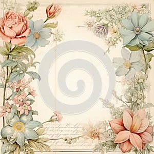 Vintage style botanical floral framed background with antique typographical texture