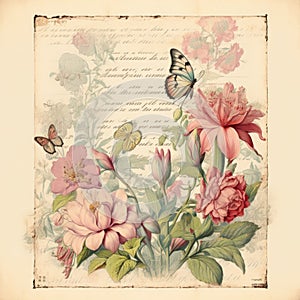 Vintage style botanical floral framed background with antique typographical texture