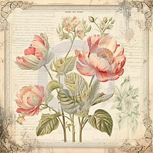 Vintage style botanical floral framed background with antique typographical texture