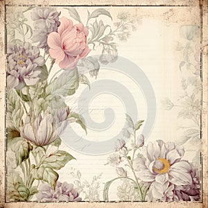 Vintage style botanical floral framed background with antique typographical texture
