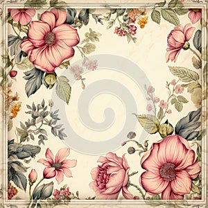 Vintage style botanical floral framed background with antique typographical texture