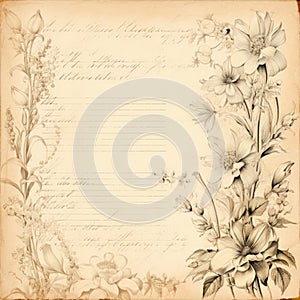 Vintage style botanical floral framed background with antique typographical texture