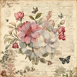 Vintage style botanical floral framed background with antique typographical texture