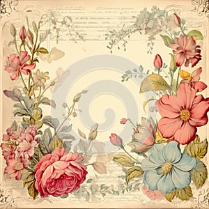 Vintage style botanical floral framed background with antique typographical texture