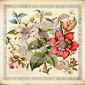 Vintage style botanical floral framed background with antique typographical texture