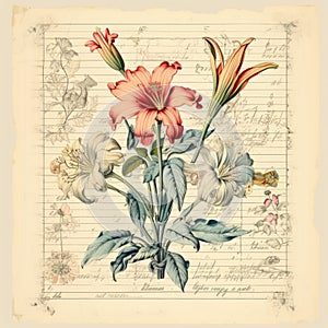 Vintage style botanical floral framed background with antique typographical texture