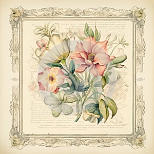 Vintage style botanical floral framed background with antique typographical texture