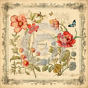 Vintage style botanical floral framed background with antique typographical texture