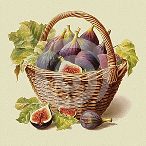 vintage style botanical illustration, basket with ripe figs