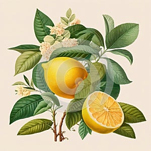 Vintage style botanical illustration of lemon plant with flowers and fruits