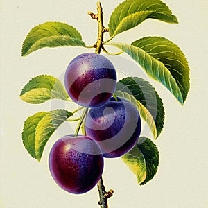 Vintage style botanical image, juicy blue-purple plums ready to harvest
