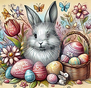 vintage style, bunny, basket of Easter eggs, immersed in an idyllic multicolored landscape