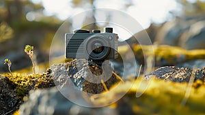 Vintage-style camera on rocky ground with moss and small plants, outdoor photography