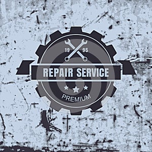 Vintage style car repair service label on rusty background. Vector logo design template