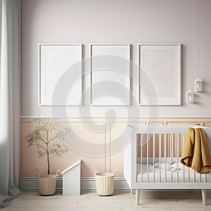 vintage style children\'s room, light furniture, frame mockup on the wall