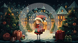 Vintage style Christmas card of a girl in red Santa hat standing by the decorated New Year trees holding Xmas gifts