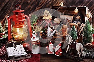 Vintage style Christmas still life with old toys and decors