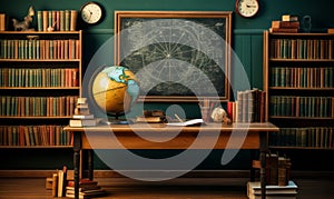 Vintage Style Classroom with Chalkboard, Wooden Desk, Bookshelves Full of Books, and a Classic Globe Illuminated by Warm Light