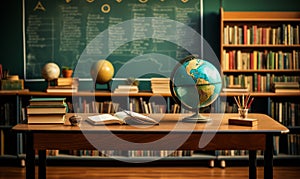 Vintage Style Classroom with Chalkboard Wooden Desk Bookshelves Full of Books and a Classic Globe Illuminated by Warm Light