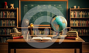 Vintage Style Classroom with Chalkboard Wooden Desk Bookshelves Full of Books and a Classic Globe Illuminated by Warm Light