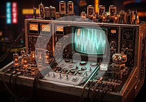 Control panel with numerous dials, meters, and glowing vacuum