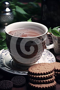 Hot chocolate with cookies on vintage china set photo
