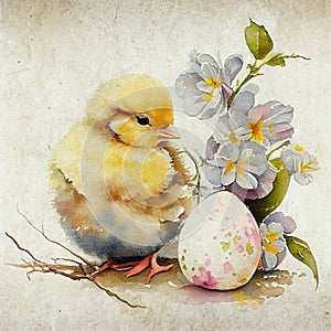 Vintage style decoration, Watercolor cute little chick and easter eggs Surrounded by Spring flowers