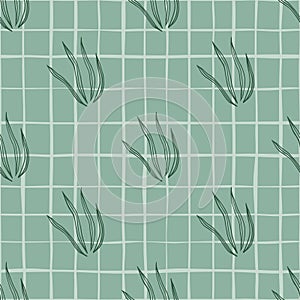 Vintage style doodle grasss seamless pattern on stripe background