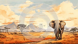 Vintage style elephant on African savanna landscape. Wall art wallpaper