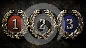 Vintage-style first, second, and third place awards with golden laurel wreaths. photo