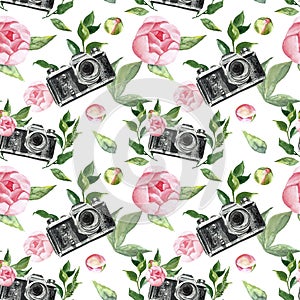 Watercolor floral seamless pattern with pink roses, peony flowers and retro camers on white background. Romantic print