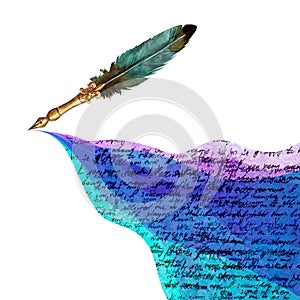 Vintage style fountain pen with spilled colorful ink handwritten text on white background