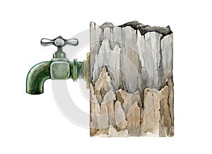Vintage style garden metal water tap with wooden basement. Watercolor illustration. Hand drawn retro faucet element