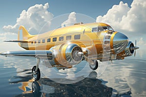 A vintage-style golden aircraft is depicted flying over a calm water surface with a reflection clearly visible, all under a sky