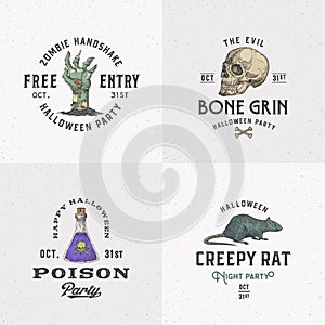 Vintage Style Halloween Logos or Labels Template Set. Hand Drawn Scull, Zombie Arm, Poison Flask and Rat Sketch Symbols