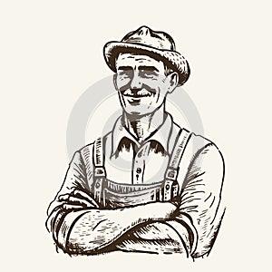 A vintage-style hand-drawn vector illustration sketch of a happy farmer engaged in farming and agriculture activities