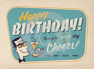 Vintage Style Happy Birthday Card Illustration with Retro Prepress Effects - Cheers!