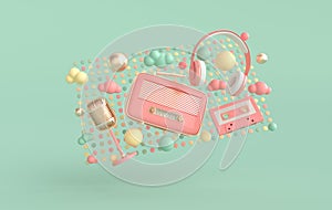 Vintage style headphones, radio receiver, casette, clouds and microphone. Pastel colors and golden details. Retro earphones, radio