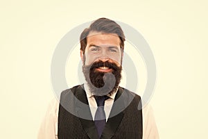 Vintage style. Hipster appearance. Man bearded hipster stylish formal vest and necktie. Beard and mustache. Bearded and