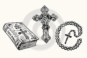 Vintage style Holly Bible, decorative cross with Crucifixion, prayer beads Roman Catholic rosary beads. Ink black and white draw