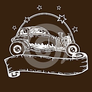 Vintage style hotrod illustration with banner