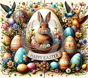 The vintage-style illustration depicts a festive and colorful Easter scene.