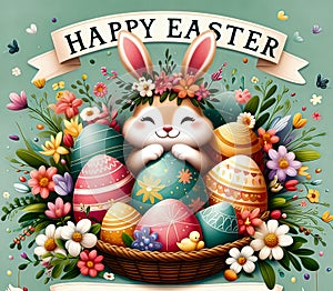 The vintage-style illustration depicts a festive and colorful Easter scene.