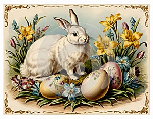 The vintage-style illustration depicts a festive and colorful Easter scene.