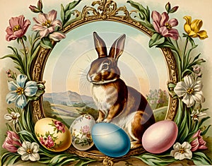 The vintage-style illustration depicts a festive and colorful Easter scene.